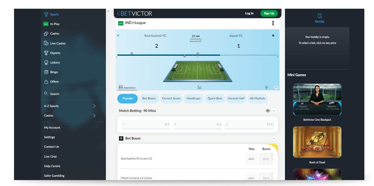 Betvictor live bet display